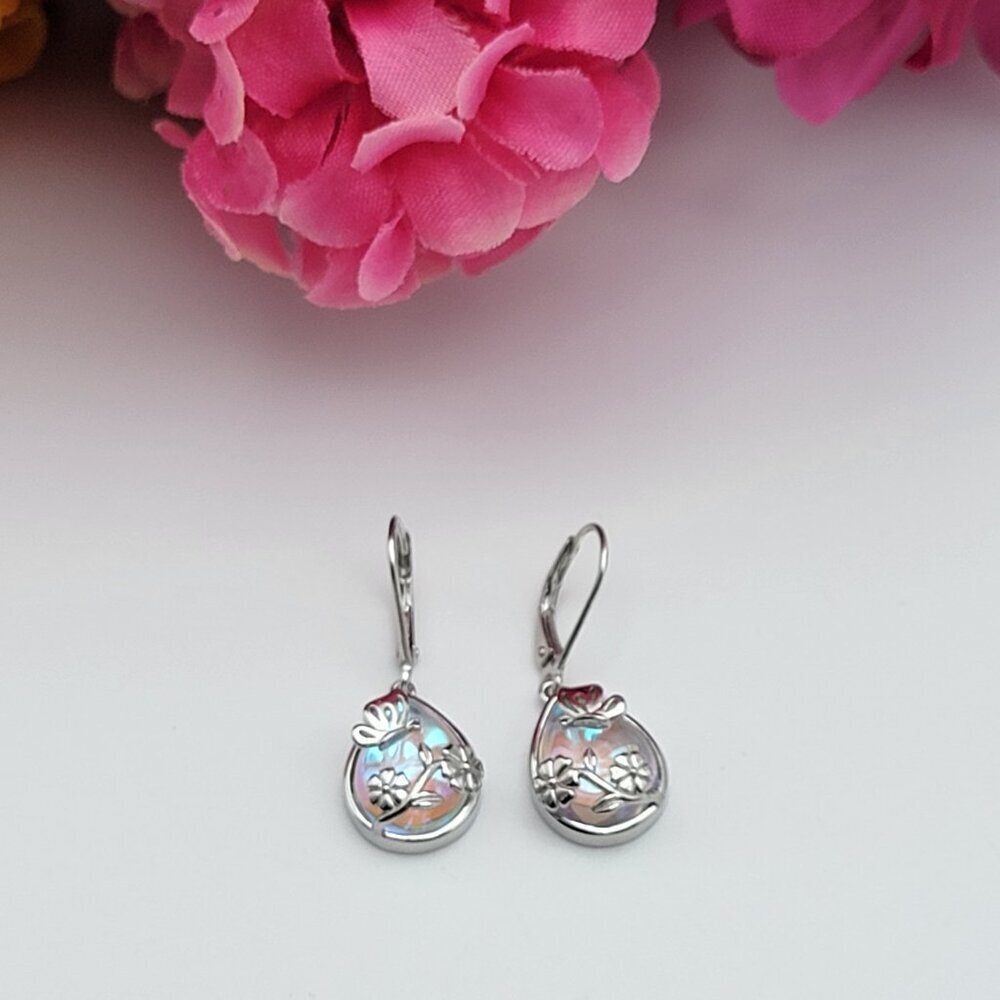 Sterling Silver 925 Butterfly & Flower Adorned Moonstone Dangle Earrings Hinged